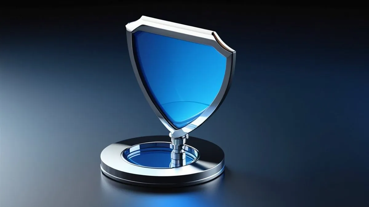 Escudo azul con lupa y sello de verificación en 3D sobre fondo degradado