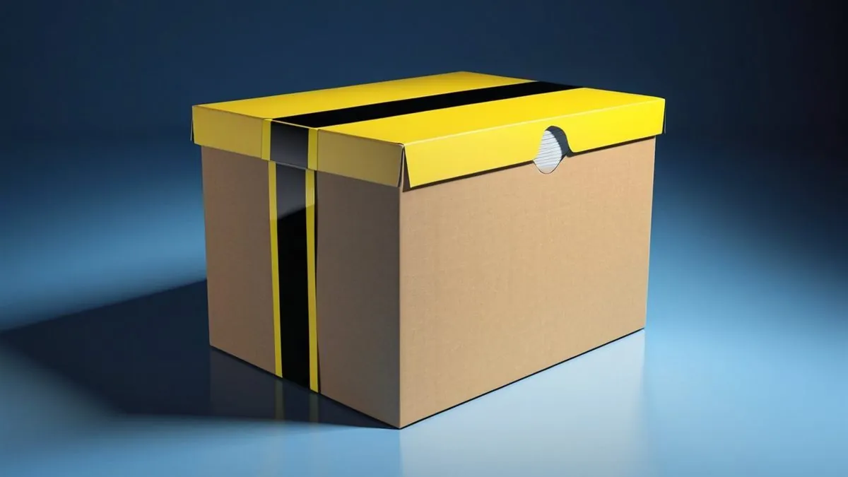 Caja de cartón cerrada con cinta de rayas amarillas y negras en 3D sobre fondo degradado