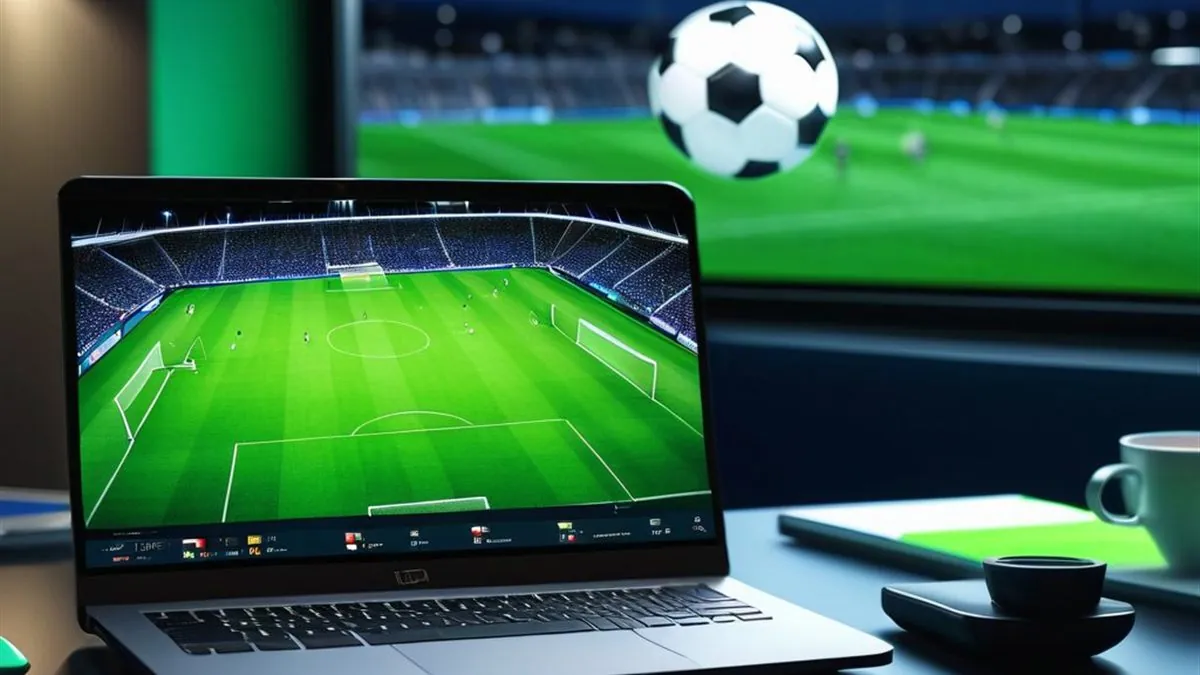 Laptop transmitiendo un partido de futbol con un estadio de noche detrás