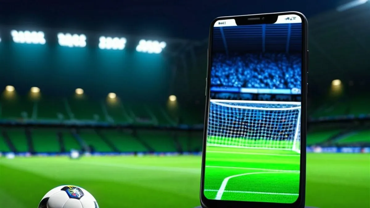 Celular mostrando una portería de futbol en un estadio iluminado con un balón al lado