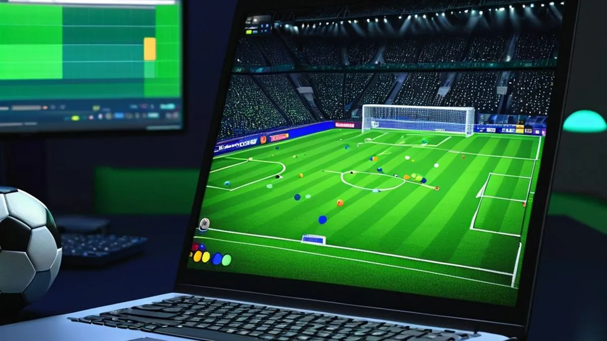 Laptop con una cancha de futbol vista desde arriba junto a un balón y un monitor
