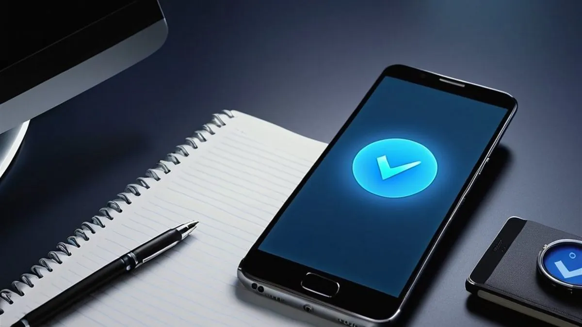Celular con una marca de verificación azul en pantalla junto a un cuaderno y una pluma
