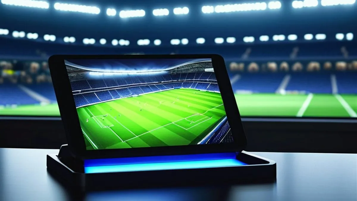 Tablet con un estadio de futbol iluminado en pantalla frente a una cancha de noche