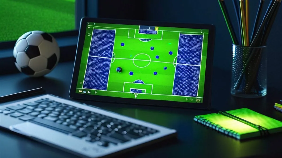 Tablet con una cancha de futbol y jugadores en pantalla junto a un balón y lápices